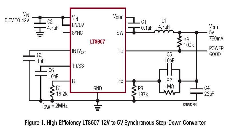 Bild 1: Hocheffizienter, synchroner Abwärtsregler (12 V auf 5 V) auf Basis des LT8607 (Linear Technology)