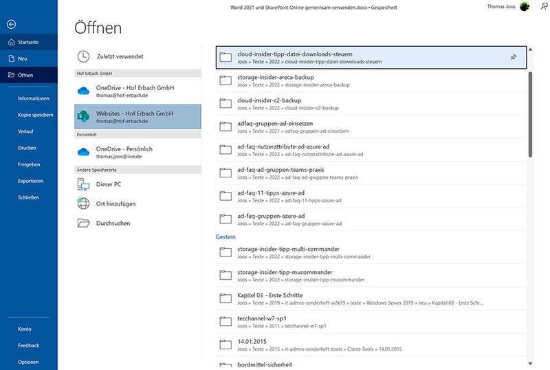 Öffnen von Dateien aus SharePoint Online in Word 2021. (Bild: gemeinfrei)