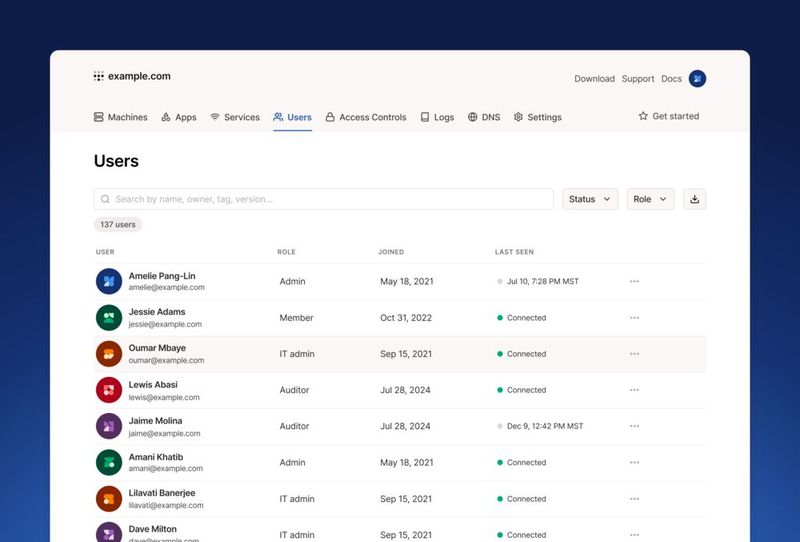 Benutzer verwalten: Die Seite „Benutzer“ macht es einfach, Rollen, Aktivitäten und Kontodaten im gesamten Tailnet zu verfolgen. (Bild: Tailscale)