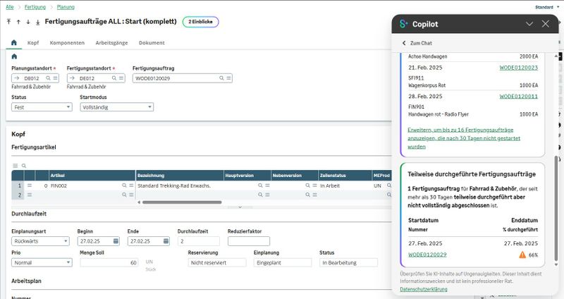 Meldung von Sage Copilot: Fertigungsauftrag teilweise rückgemeldet, nicht mit Teilrückmeldung abgeschlossen. (Bild: Sage)