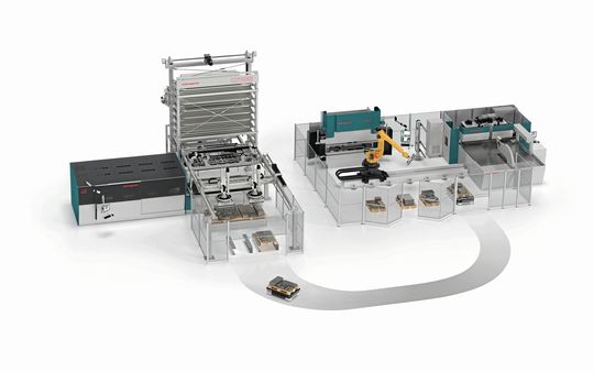 Der «Flexible Smart Job Shop» kombiniert eigenständige Technologien, die unabhängig voneinander eingesetzt werden oder in kombinierten Produktionen zusammenarbeiten.(Bild:  Salvagnini)