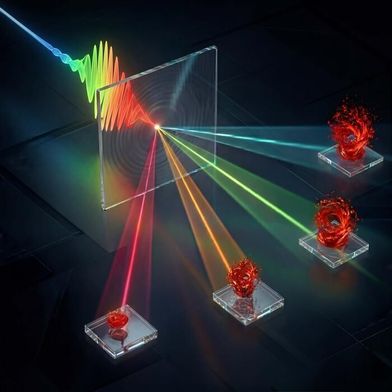 This visual illustration shows compressed spectral-temporal coherent modulation femtosecond imaging (CST-CMFI). A chirped laser pulse with time-varying spectral components illuminates a dynamic scene, enabling different wavelengths to capture successive temporal transients. By utilizing dispersion-encoded coherent modulation imaging, CST-CMFI retrieves both the intensity and phase evolutions. (Source: Yunhua Yao, East China Normal University)
