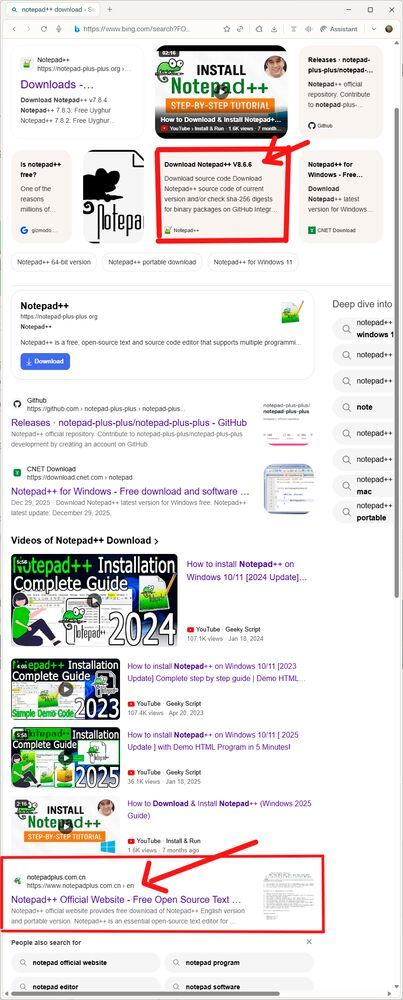 Gefälschte Mirrors, veraltete Archive: Die Bedrohungslage rund um Notepad++ ist weit davon entfernt, neutralisiert worden zu sein, solange gefälschte Archive weiter auftauchen (In der Abbildung: Suchresultate von Bing am 9. Februar 2026).(Bild:  Martins & Kobylinska)