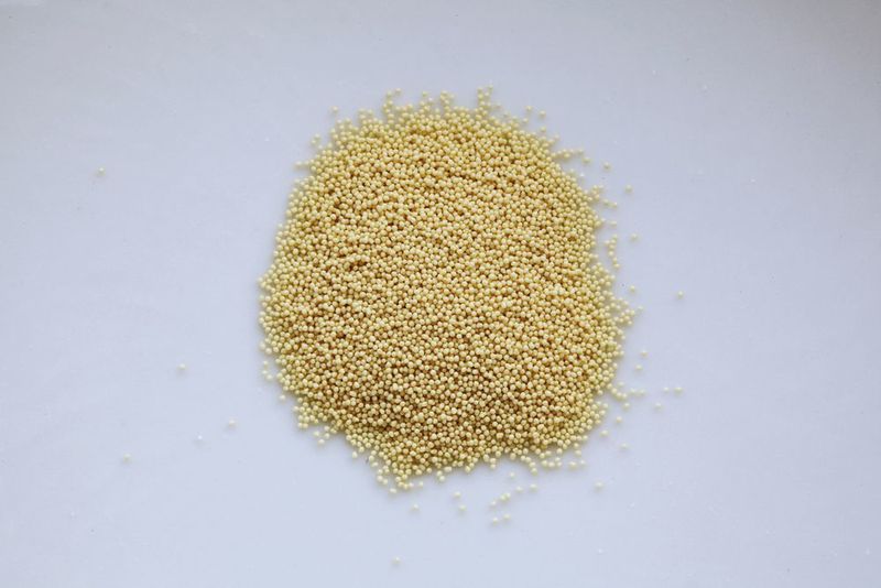 Mittels Sprühgranulation werden daraus kleine Kügelchen. Diese erhalten im nächsten Schritt eine spezielle Schutzschicht (Coating). Die jetzt gelben Kügelchen sind für Verdauungssäfte in Magen und Dünndarm unangreifbar. (pur.pur)