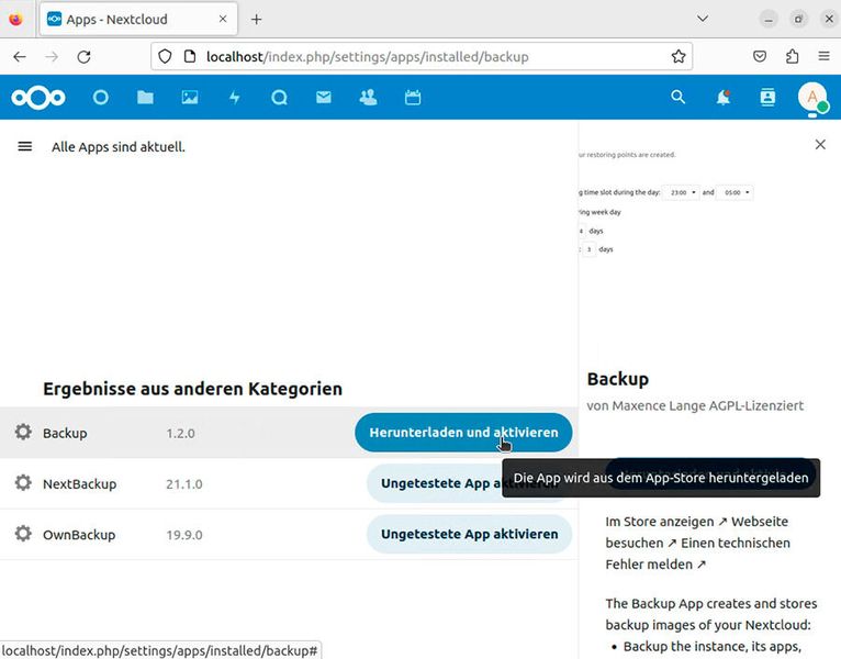 Herunterladen und Aktivieren der Backup-App. (Bild: Joos - Nextcloud)