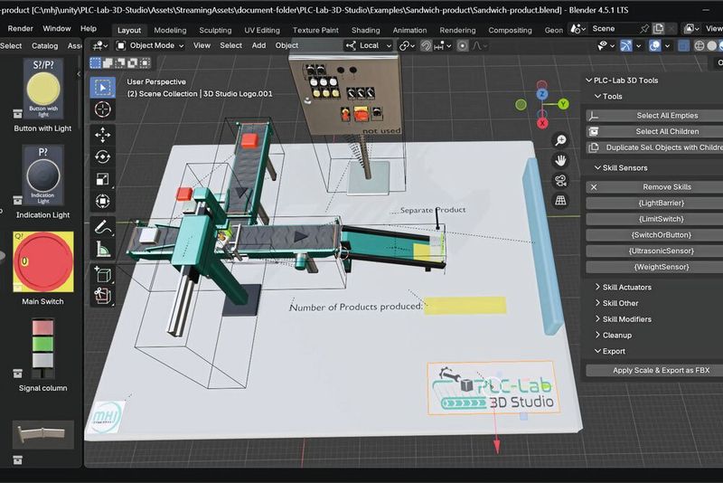 3D-Modellierungssoftware Blender mit dem integrierten Bauteilekatalog von MHJ-Software (links), dem Aufbau einer virtuellen Anlage im Konstruktionsbereich (zentral) sowie dem speziell entwickelten Plugin zur Skill-Konfiguration (rechts). (Bild:  MHJ-Software)