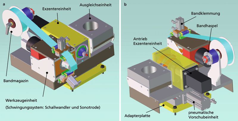 Bild 3: Der Prototyp  eines Ultraschall- Superfinishmoduls  wurde in eine  Superfinish-Werk- zeugmaschine  integriert.	 a Vorderansicht, b Rückansicht  (Bild: IPT)