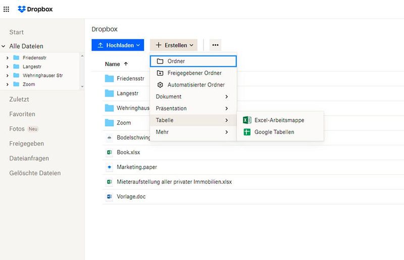 Erstellen einer neuen Excel-Tabelle in Dropbox. (Bild: Joos)
