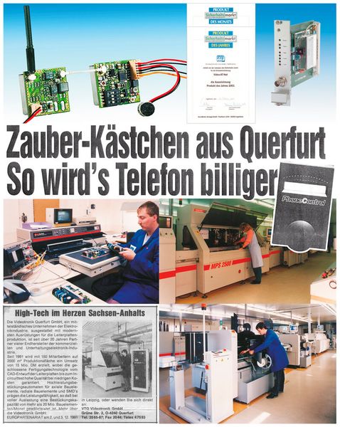 Ein Blick zurück in die Jahre 1997 bis 2001: Die Collage zeigt frühe Produkte, Fertigungsanlagen und Presseberichte von VTQ. Unter der Überschrift „Zauber-Kästchen aus Querfurt“ wird sichtbar, wie sich das Unternehmen bereits damals mit eigener Elektronikentwicklung, moderner Fertigungstechnik und Lösungen für Kommunikations- und Sicherheitstechnik positionierte. (Bild: VTQ Videotronik GmbH)