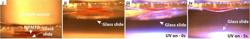 Mikrotransporte präzise fernsteuern mit Licht: Auf einen Glasträger gelegt haftet das neue Kompositmaterial (BIPMTD) dort an (i). So kann der Glasträger angehoben werden (ii). Wird UV-Licht mit einer Wellenlänge von 365 Nanometern angeschaltet (iii), löst sich der Glasträger wieder und kann abgesetzt werden (iv). ((c) Emre Kizilkan)