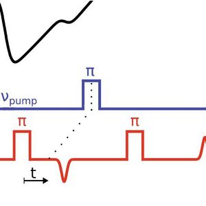 Abb.2: Pulssequenz für das Deer-Experiment. Innerhalb des Nitroxidspektrums (schwarz, links) werden Spins auf einer Beobachterfrequenz (A-Spins, rot) und einer Pumpfrequenz (B-Spins, blau) angeregt. Die Intensität V(t) des refokusierten Echos in Abhängigkeit von der zeitlichen Position t des Pumppulses ist aufgrund der Dipol-Dipol-Wechselwirkung zwischen A- und B-Spins moduliert. 