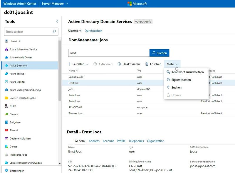 Für Benutzerkonten lassen sich im Windows Admin Center auch Kennwörter zurücksetzen. (Bild: Joos / Microsoft)