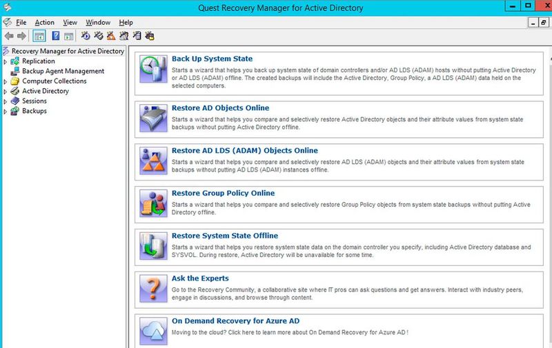 In der grafischen Oberfläche von Quest Recovery Manager for Active Directory stehen die verschiedenen Aufgaben zur Sicherung und Wiederherstellung zur Verfügung. (Bild: Joos / Quest Software)
