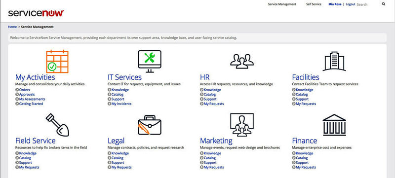 Auf der Seite „Service Management“ findet der Anwender sämtliche zur Verfügung stehenden Services.
 (ServiceNow)