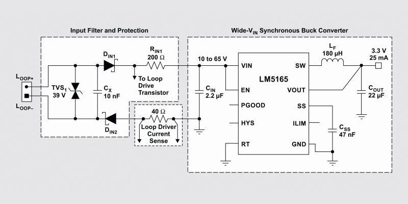 Figure 4: Wide-VIN synchronous buck converter that includes components for EMC (Texas Instruments)