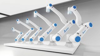 Sechs Varianten der universellen Cobots D-Bot, die zwischen 6 und 30 kg schwere Lasten bewegen und positionieren, ermöglichen einen Einsatz im Maschinenbau, in der Elektrik- und Elektronik-Montage sowie beim Schweissen. (Bild: Delta Electronics)