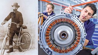 Bosch gestern und heute: Robert Bosch besuchte seine Kunden mit einem damals modernen und noch ungewöhnlichen Fahrrad, heute fertigen Bosch-Mitarbeiter Antriebe für das elektrische Fahren (Archiv: Vogel Business Media)