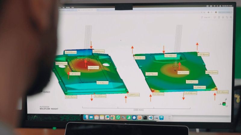 Die Xometry-Experten bei der Konstruktion des Deckels für die „Saftkiste“ von Batterieschmiede. Hier wird das Verhalten der Kunststoffschmelze im Spritzgießwerkzeug untersucht.  (Bild: Xometry)