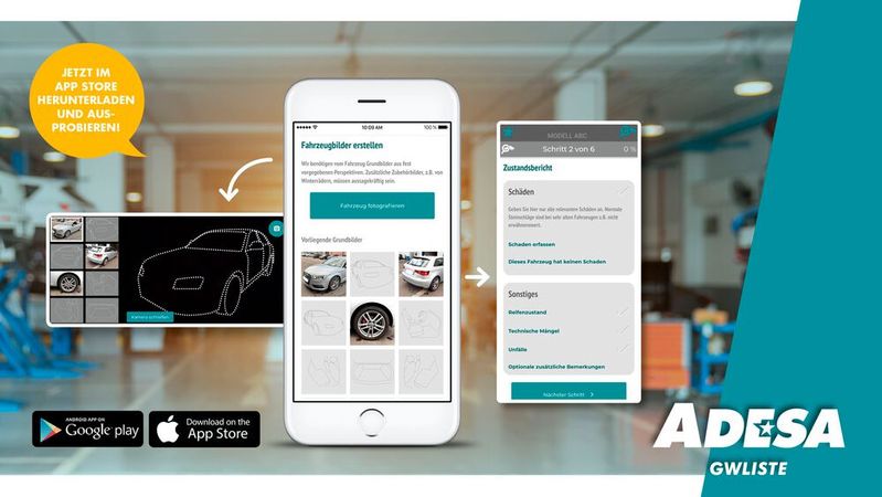 Schritt für Schritt leitet die App die Händler an, wie sie ihre Gebrauchtwagen optimal für die Auktion bei Adesa GW-Liste präsentieren.(Bild:  Adesa GWListe)