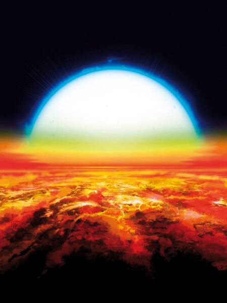 Künstlerische Ansicht eines Sonnenuntergangs über KELT-9b. Unter dieser sengenden Sonne ist die Atmosphäre des Planeten warm genug, um in rötlich-orangenen Tönen zu leuchten und Schwermetalle wie Eisen und Titan zu verdampfen.  (© Denis Bajram)