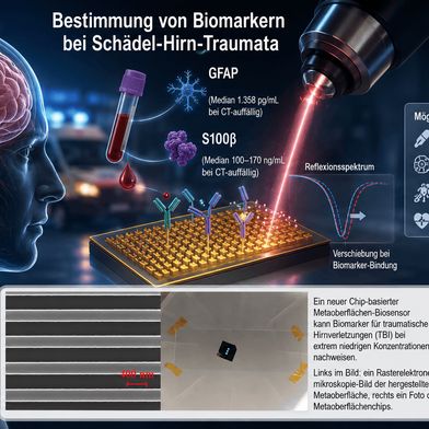 Ein neuer Chip-basierter Metaoberflächen-Biosensor kann Biomarker für traumatische Hirnverletzungen (TBI) bei extrem niedrigen Konzentrationen nachweisen.  (Bild: KI-generiert / Guangyuan Li, Beijing Institute of Technology)