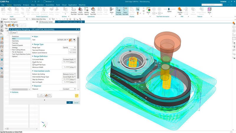 Schnellere Programmierung und effizientere Bearbeitungszyklen sind jetzt durch die Einführung des adaptiven 3D-Schruppens möglich. Die Hochgeschwindigkeits-Schneidestrategie von unten nach oben ermöglicht einen methodischen Materialabtrag zwischen den Schnittebenen, indem das Rohmaterial auf niedrigeren Ebenen schrittweise nach oben geschnitten wird. (Bild: Siemens)
