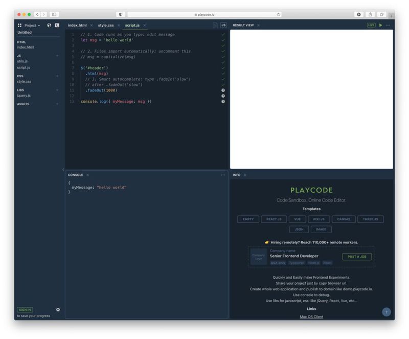 Playcode ist eine einfache IDE fürs Web Development.