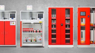 Die Würth-Highlights zur Arbeitsschutzmesse A+A sind in Halle 5 das Wiegesystem Orsymat WGT (rechts) für PSA-Produkte (Persönliche Schutzausrüstung) sowie das Gefahrstoffsystem Orsymat CHE (links) für die automatisierte Beschaffung und Ausgabe von chemischen Produkten. (Würth Industrie Service)