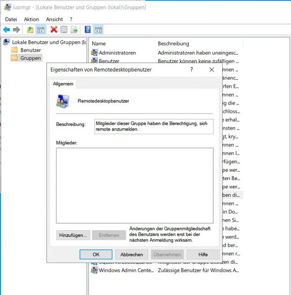 Remotedesktopbenutzer auf Windows steuern, für den Zugriff per RDP. (Bild: Joos / Microsoft)