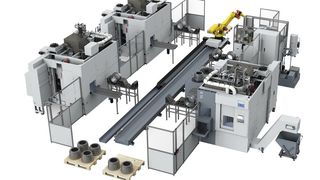 Wenn es um die wirtschaftliche Bearbeitung von Lkw-Trommelbremsen geht, dann empfiehlt Emag einen Roboter zur Beladung von vier vertikalen Pick-up-CNC-Drehmaschinen des Modells VL 8. (Bild: Emag)