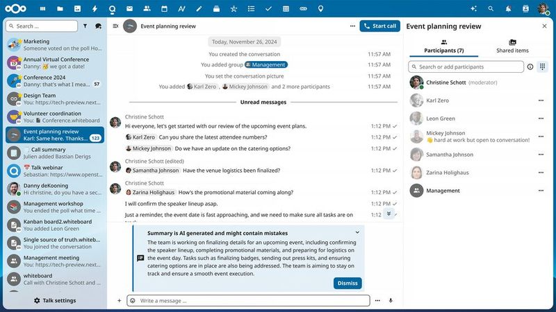 Nextcloud Talk kann ebenso wie Microsft Teams mit KI-Funktionen aufwarten. Die KI kann allerdingsauch  isoliert in der Private Cloud einer Organisation betrieben werden.  (Bild: Nextcloud)