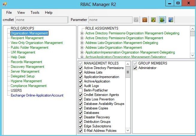 Abbildung 4: Mit dem RBAC-Manager verwalten Sie mit wenigen Klicks auch komplexe Berechtigungsstrukturen in Exchange Server 2010 und 2013. Administratoren verbinden sich mit der Exchange-Organisation, geben die notwendigen Anmeldedaten ein und konfigurieren dann die Rechte. (Joos)