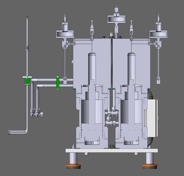 Beim Auslegen des Druckübersetzers berechneten die Experten von AHP Merkle anhand des benötigten Arbeitsdrucks von bis zu 1600 bar im Wasser-Glykolkreislauf und des im Öl-Primärkreislauf herrschenden Systemdrucks von bis zu 200 bar die zu erzeugende Kraft und daraus das benötigte Verhältnis aus projizierter Kernfläche und Kolbendurchmesser.   (Bild: Rauschert)