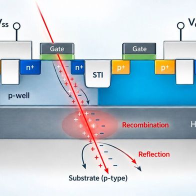 Schematische Darstellung der HARDSIL-Technologie: Zusätzliche Schutzstrukturen im Silizium fördern die Rekombination und Ableitung elektrischer Ladungen, die durch hochenergetische Teilchen entstehen. Dadurch sinkt das Risiko strahlungsbedingter Fehlfunktionen in CMOS-Schaltungen. (Bild: Vorago / KI-enhanced)