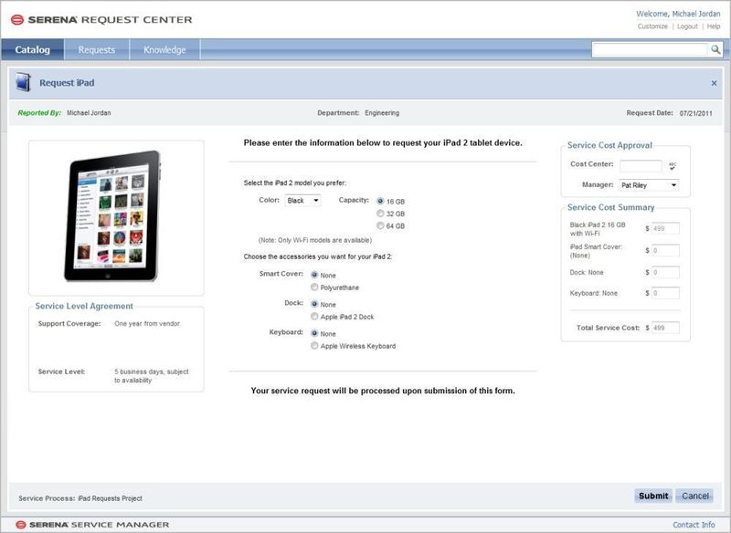 Soll für den Anwender ein neues Gerät angeschafft werden, zum Beispiel ein oder mehrere iPad-Tablets? Der Mitarbeiter gibt seine Wünsche einfach in die Bestellmaske ein. Die Bestellung durchläuft dann automatisch den Weg der Instanzen: Genehmigungen durch Vorgesetzte, Bestellvorgang über die Beschaffungabteilung sowie Bezahlung durch die Rechnungsstelle. (Archiv: Vogel Business Media)