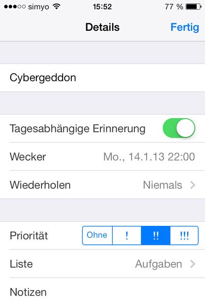 Abbildung 7: Erinnerungen löschen Sie mit einem Wisch von der Mitte nach links, das geht auch mit E-Mails. Außerdem können Sie Erinnerungen mehrere Prioritäten zuordnen. Sie können sich zu bestimmten Zeiten oder jetzt auch an Orten erinnern lassen. (Bild: Joos)