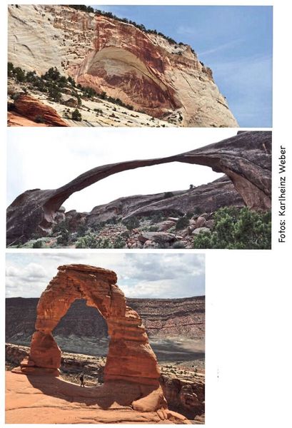 Vom Felsmassiv durch Ausbruch zum querverfestigten Druckbogen, der dadurch der Erosion widersteht. Alle hier gezeigten Beispiele wurden dem Buch 