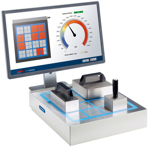 Spannmittel zur intelligenten Prozessüberwachung: Das Magnos Force Measuring System erfasst bei Schunk Magnetspannplatten sowohl die Position der Werkstücke als auch die jeweilige Spannkraft. (Schunk GmbH & Co. KG)