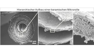 Weitere, tiefergehende Aufnahmen der keramischen Mikrorolle, die man per Rasterelektronenmikroskop gemacht hat. (Bild: Universität Stuttgart / IMW)