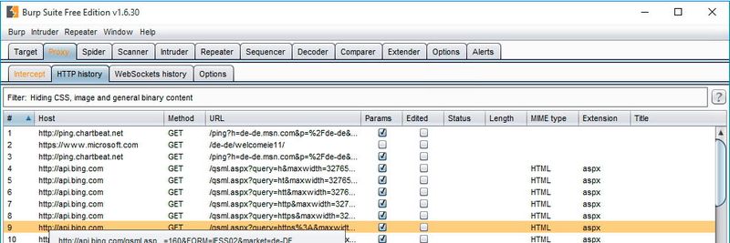 Die Burp Suite schneidet den Web- und Netzwerk-Traffic granular mit, auf der Registerkarte „Proxy\HTTP history“ sind die letzten Verbindungen zu sehen.