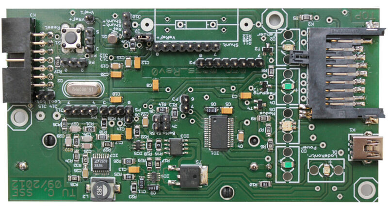 Bild 2: Leiterplattenansicht des Batteriemessgerätes auf Basis eines Mikrocontrollers MSP430 (Bild: TU Chemnitz)