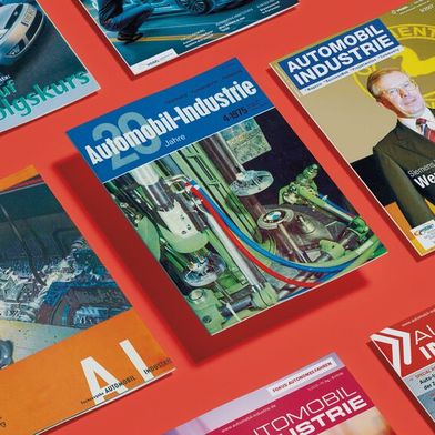 Ausgewählte Titelseiten aus der 70-jährigen Historie der Fachzeitschrift »Automobil Industrie«. (Bild: mego-studio; AI [M])