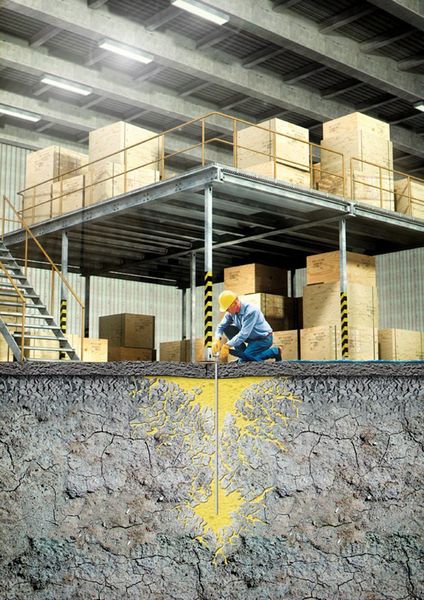 Zur Fundamentstabilisierung wird das Zwei-Komponentenharz flüssig und unter kontrolliertem Druck direkt unter die Randbereiche der Betonplatte gepresst. Bild: Uretek (Archiv: Vogel Business Media)