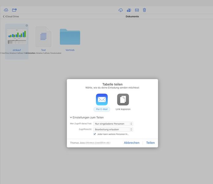 Teilen von Dokumenten in iCloud. (Bild: Joos (Screenshot))