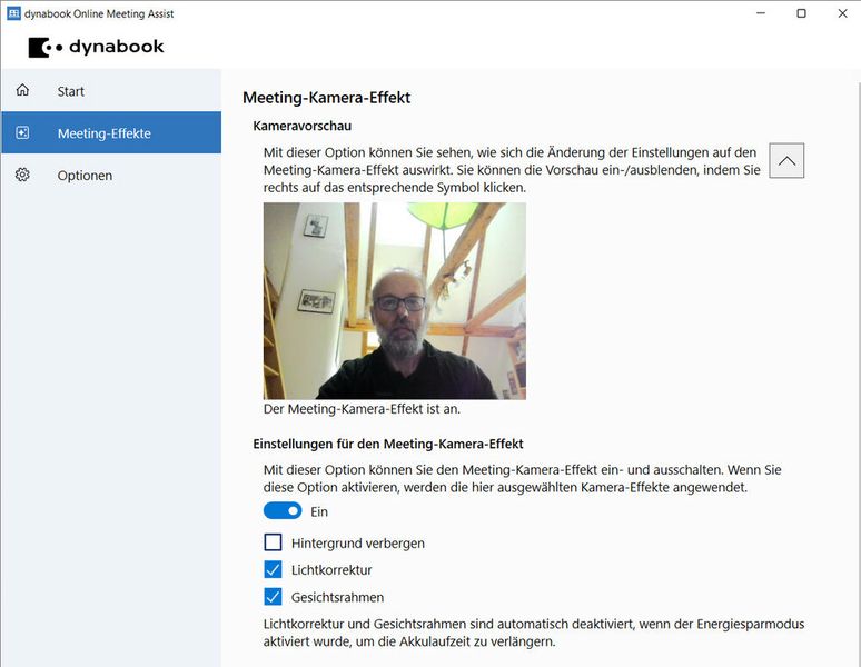 Dynabook hilft der eher mittelmäßigen Webcam mit Software auf die Sprünge. Die Auto-Frame-Technik, die das Gesicht im Fokus hält, ist praktisch. (Bild: Vogel IT-Medien)