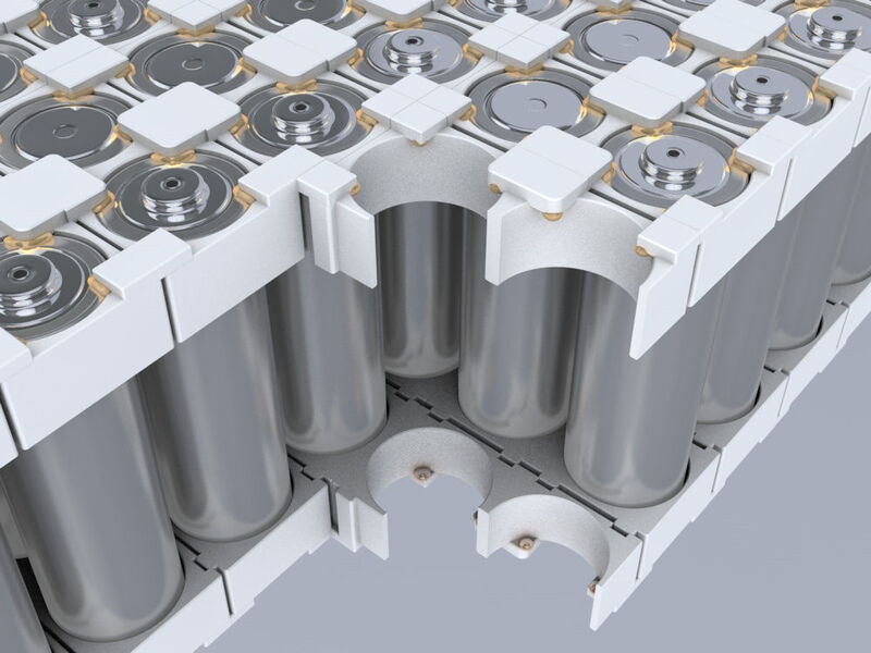 Battery modules with cylindrical cells are constructed with Covestro’s Bayblend material and efficiently assembled with Henkel’s Loctite adhesive.  (Henkel)