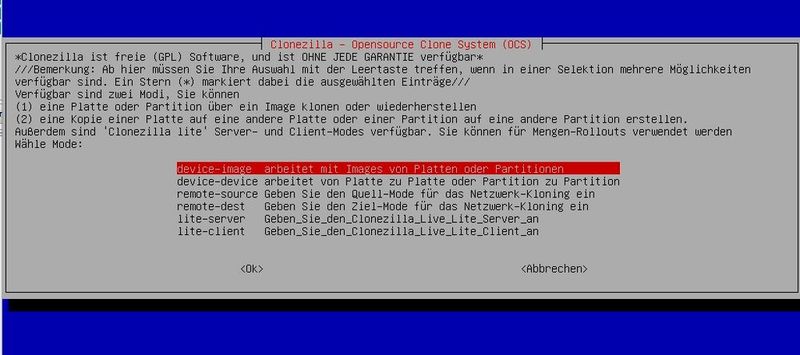 Clonezilla bietet Modi für Image-basierte und direkte Disk-zu-Disk-Sicherung sowie Server-Client-Set-ups für Massen-Roll-outs. (Bild: Joos)