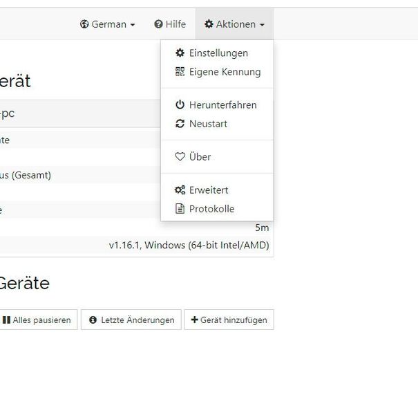 Anpassen von Syncthing und Abrufen der eigenen ID. (Joos/Syncthing)