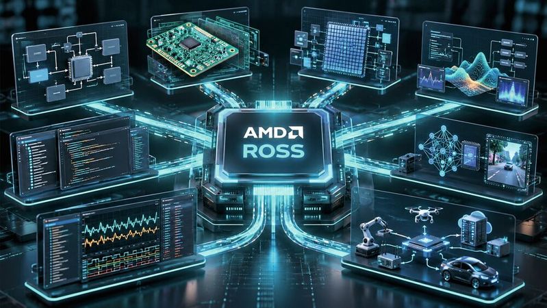 AMD Ross verspricht, Werkzeuge, Wissen und Workflows über den Entwicklungszyklus und mehrere Ebenen der Embedded-Entwicklung hinweg zu verbinden.(Bild:  von EP basierend auf Material von AMD / KI-generiert)
