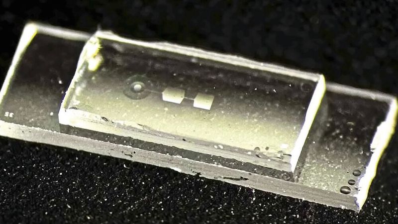 Der an der ETH Zürich entwickelte Quantenchip enthält sogenannte mechanische Resonatoren – winzige Bauteile, die beim Speichern von Informationen zu schwingen beginnen. Der Chip ist rund 7,5 Millimeter lang, 2,5 Millimeter breit und 1 Millimeter hoch und etwa so breit wie ein kleiner Fingernagel.(Bild:  Hybrid Quantum Systems Group / ETH Zürich)